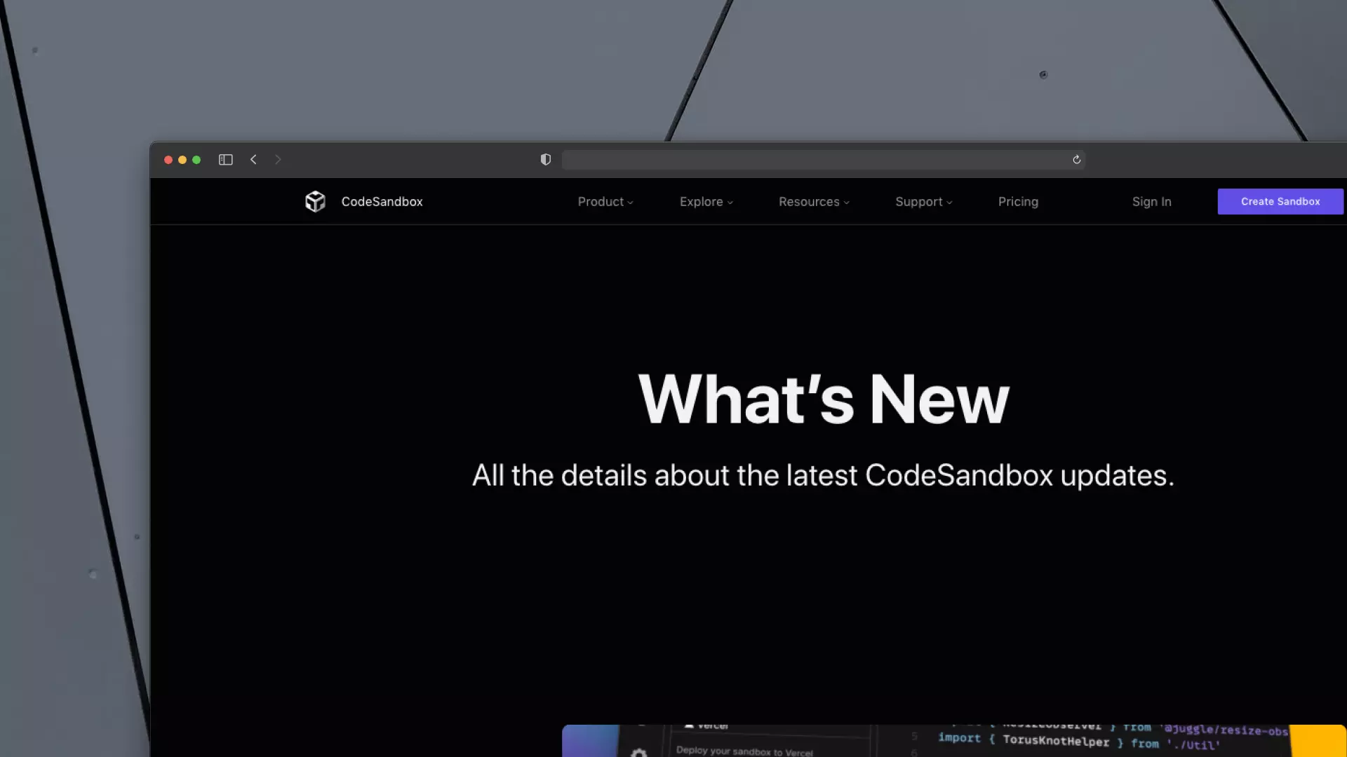 CodeSandbox changelog screenshot