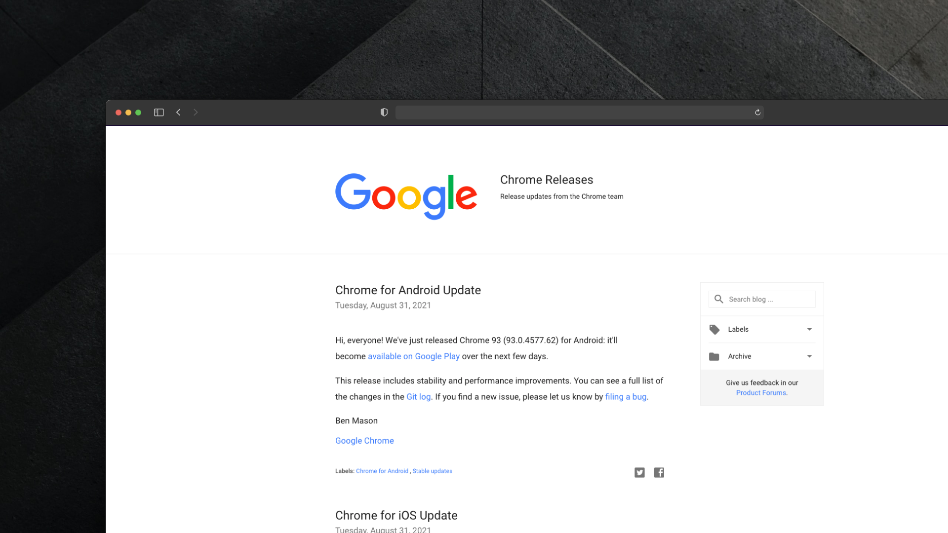 Google Chrome Releases changelog screenshot