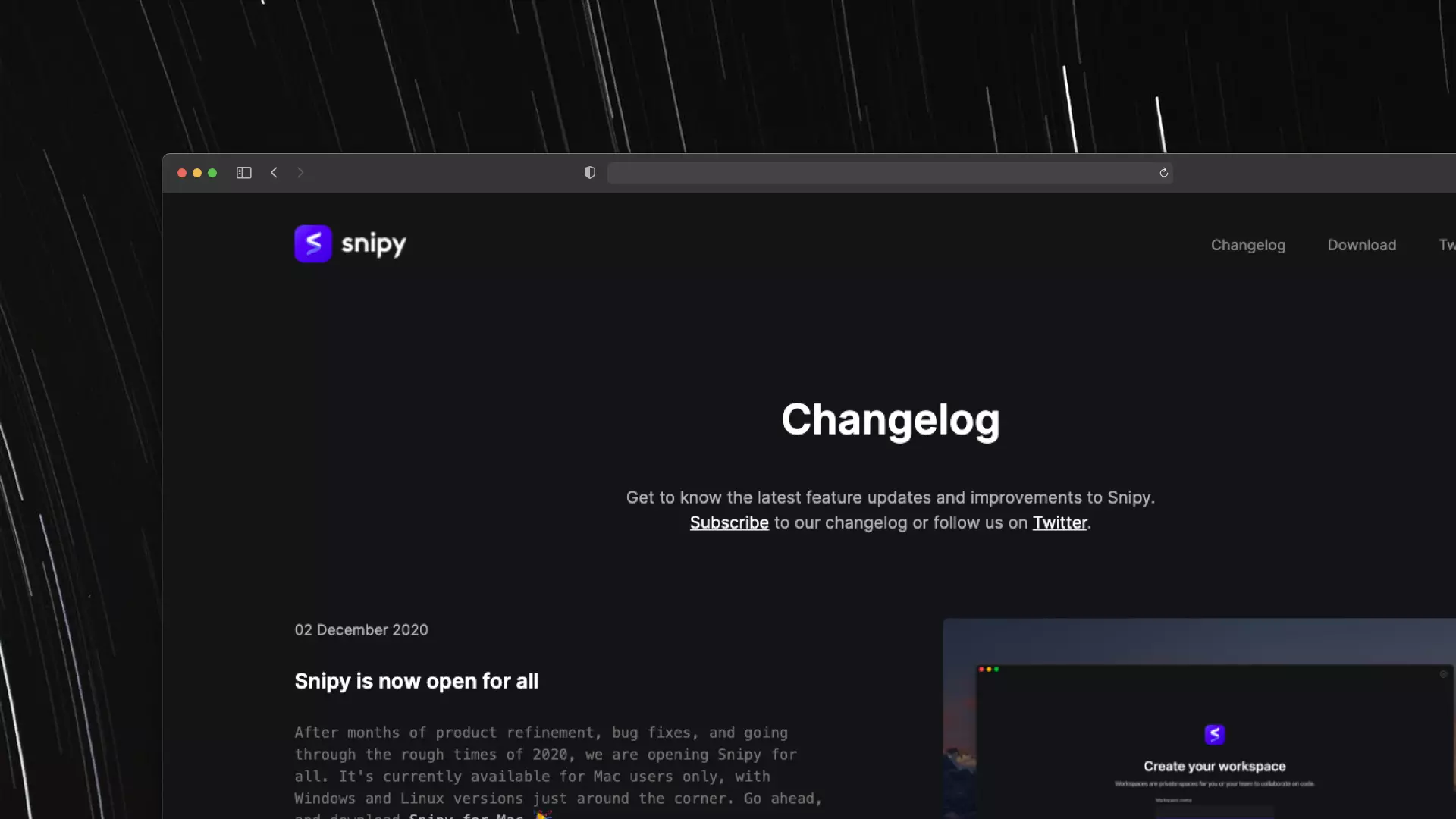 Snipy changelog screenshot